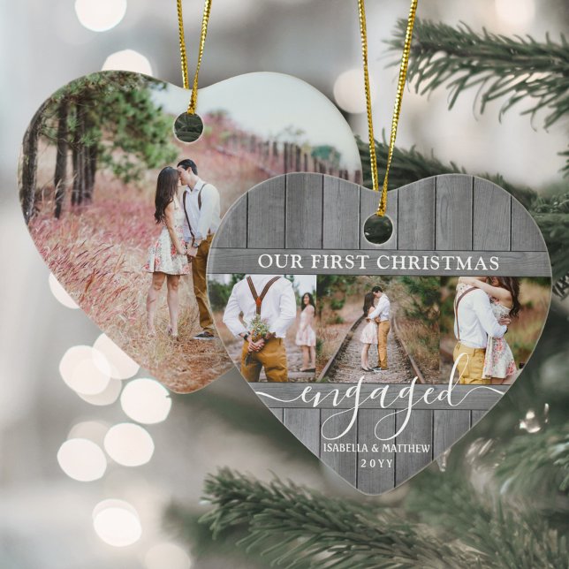 4 Photo 1st Xmas Engaged Grey Faux Wood Heart Ceramic Ornament (Creator Uploaded)
