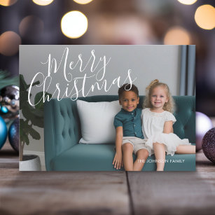 4 Photo (3 on back) Merry Christmas Script Holiday Card