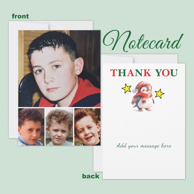 4 photo add message christmas penguin thank you card (Creator Uploaded)
