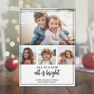 4 Photo - All is Calm Bright Black White Christmas Holiday Card