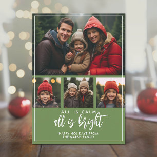 4 Photo - All is Calm Bright Green Blue Christmas Holiday Card