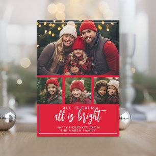 4 Photo - All is Calm Bright Script Red Christmas Holiday Card