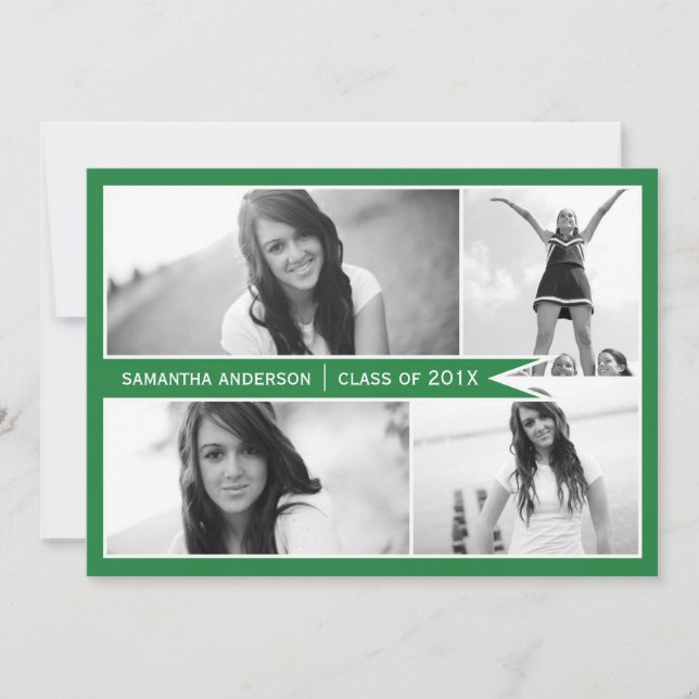 4 Photo Banner Graduation Invitation - Green (Front)