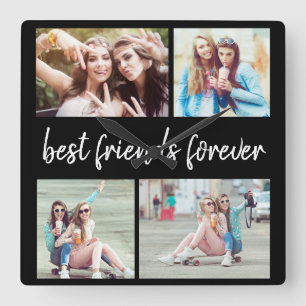 4 Photo Best Friends Forever Black  Square Wall Clock