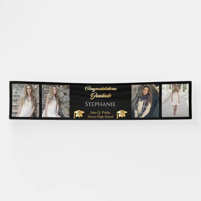4 Photo Black Gold Congrats Graduate Name School Banner (Horizontal)
