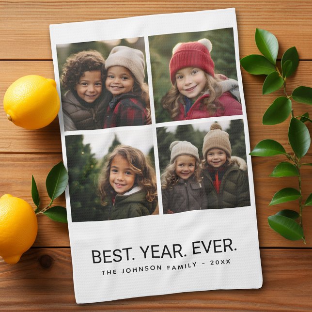 4 Photo Black White Minimalist - Best Year Ever Kitchen Towel (Personalized Kitchen Towel with photos and text - Makes a great gift)