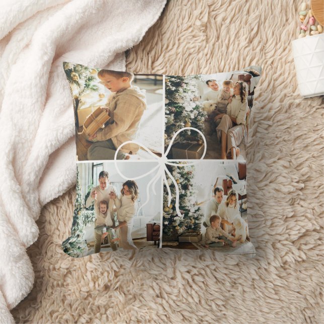 4 Photo Bow Wrap Christmas Family Keepsake Throw Pillow (Blanket)