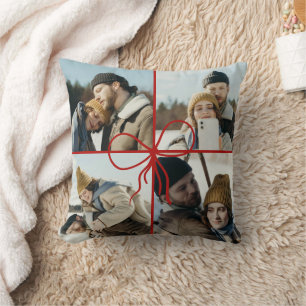 4 Photo Bow Wrap Christmas Newlyweds Modern Throw Pillow