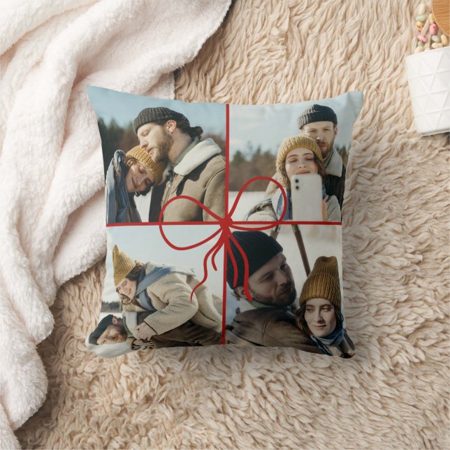 4 Photo Bow Wrap Christmas Newlyweds Modern Throw Pillow (Blanket)