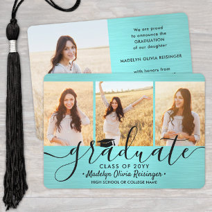 4 Photo Brushed Teal Blue Black Simple Graduation Announcement