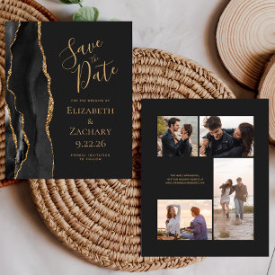 4-Photo Budget Black Gold Agate Dark Save the Date