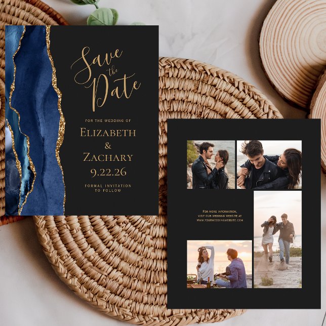 4-Photo Budget Navy Gold Agate Dark Save the Date (Creator Uploaded)