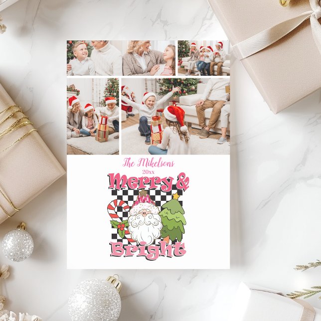4 Photo Chequered Merry & Bright Christmas Holiday Card (Creator Uploaded)
