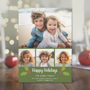 4 Photo Christmas Collage - Retro Holly Holiday Card
