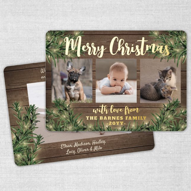 4 Photo Christmas Greenery, Rustic Wood & Lights Foil Holiday Card (Creator Uploaded)