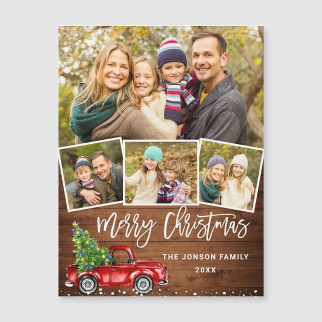 4 PHOTO Christmas Red Truck Greeting Magnetic Card (Front)