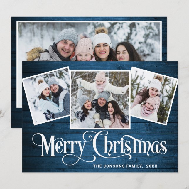 4 PHOTO Christmas Rustic Blue Wood Greeting Holiday Card (Front/Back)