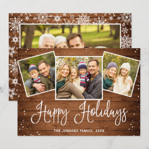 4 PHOTO Christmas Rustic Brown Wood Greeting Holiday Card