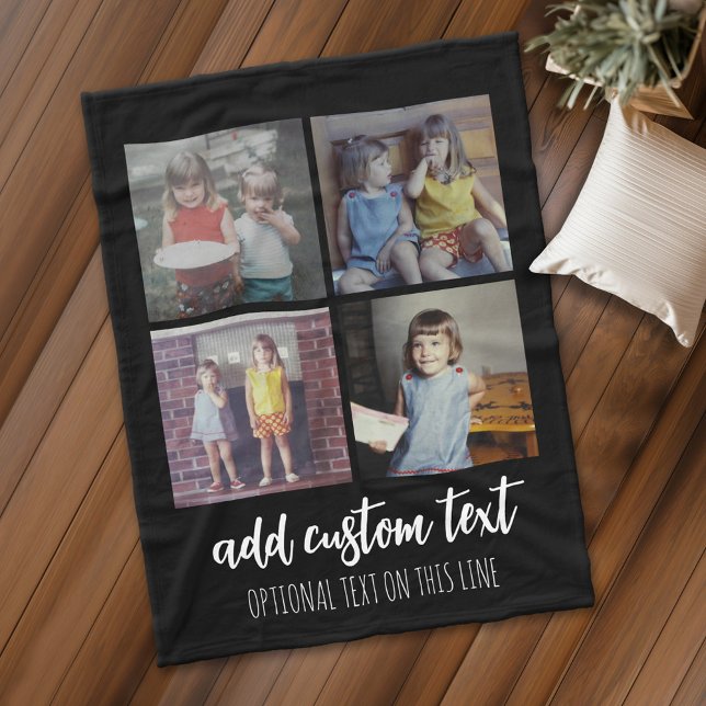 4 Photo Collage - 2 Lines Text - Can Edit Colours Fleece Blanket (Personalized fleece blanket with 4 photos and a monogram)