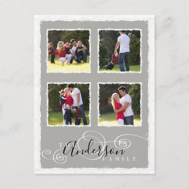 4 Photo Collage Add Family Name Grey Postcard (Front)
