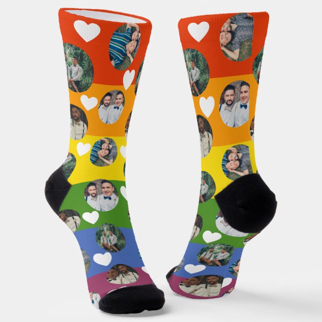 4 Photo Collage and Heart Template Rainbow Pride Socks (Angled)