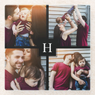 4-Photo Collage and Monogram Glass Coaster