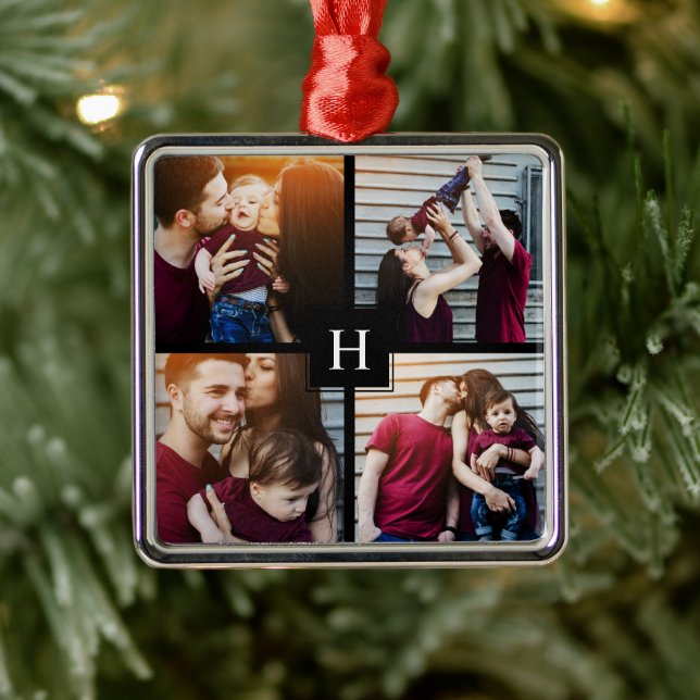 4-Photo Collage and Monogram Metal Ornament (Tree)