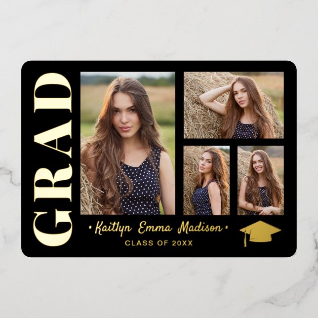 4 Photo Collage Black & Gold Foil Grad Card (Front)