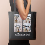 4 Photo Collage Black Grid and white modern script Tote Bag<br><div class="desc">Use four square photos to create a unique and personal gift. For best results,  crop your photos into squares before uploading. Or you can keep the hipster puppy and make a trendy keepsake. If you need to adjust the pictures,  click on the customize tool to make changes.</div>