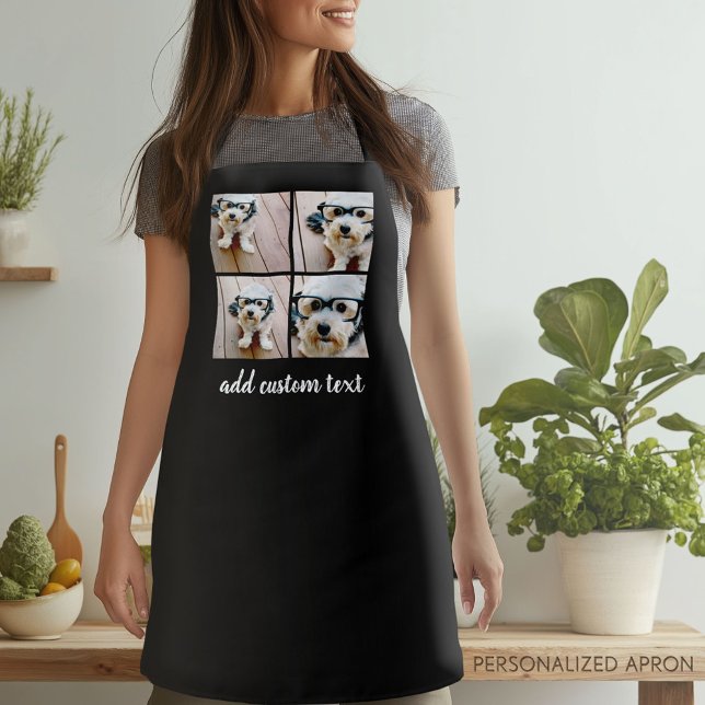 4 Photo Collage - black with handwritten font text Apron (Personalized Apron)