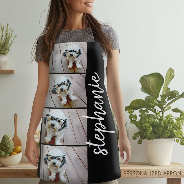 4 Photo Collage - black with white script name Apron (Personalized Apron)