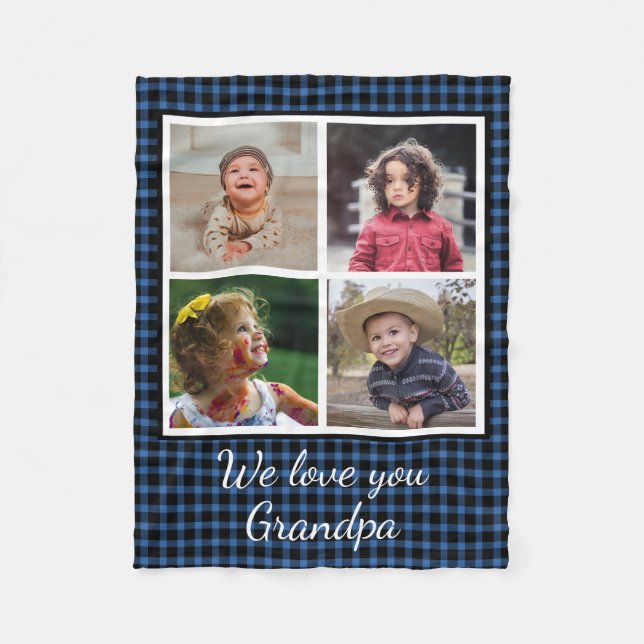 4 Photo Collage Blue Buffalo Plaid Grandpa Fleece Blanket (Front)