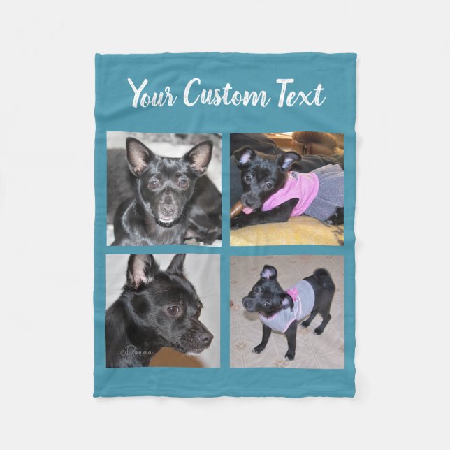 4 Photo Collage | Blue Fleece Dog Blanket (Front)