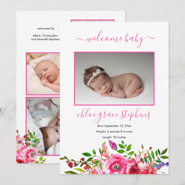 4 Photo Collage Boho Floral Girl Announcement (Front/Back)