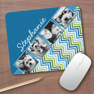 4 Photo Collage - Colourful Blue and Green Chevron Mouse Pad