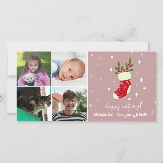 4 Photo Collage Custom Name Red Christmas Stocking Holiday Card (Front)