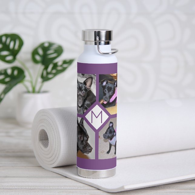 4 Photo Collage | Dog Initial Pawprints Purple Water Bottle (Yoga)