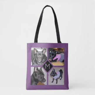 4 Photo Collage | Dog Initial  Purple Tote Bag