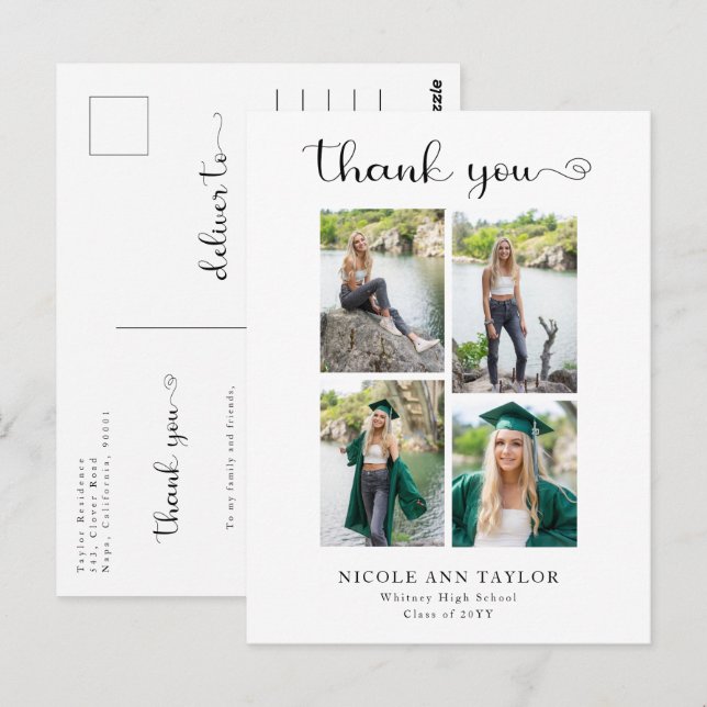 4 Photo Collage Elegant Graduation Thank You Postcard (Front/Back)