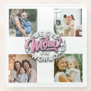 4 Photo Collage Family Memory Mother's Day Glass Coaster