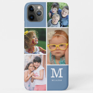 4 Photo Collage Family Monogram Name  Slate Blue iPhone 11 Pro Max Case