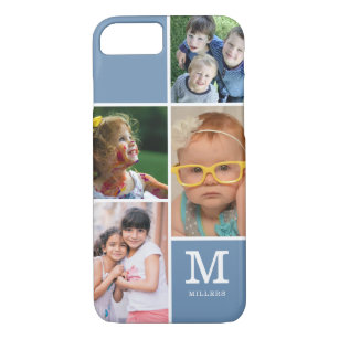 4 Photo Collage Family Monogram Name  Slate Blue Case-Mate iPhone Case