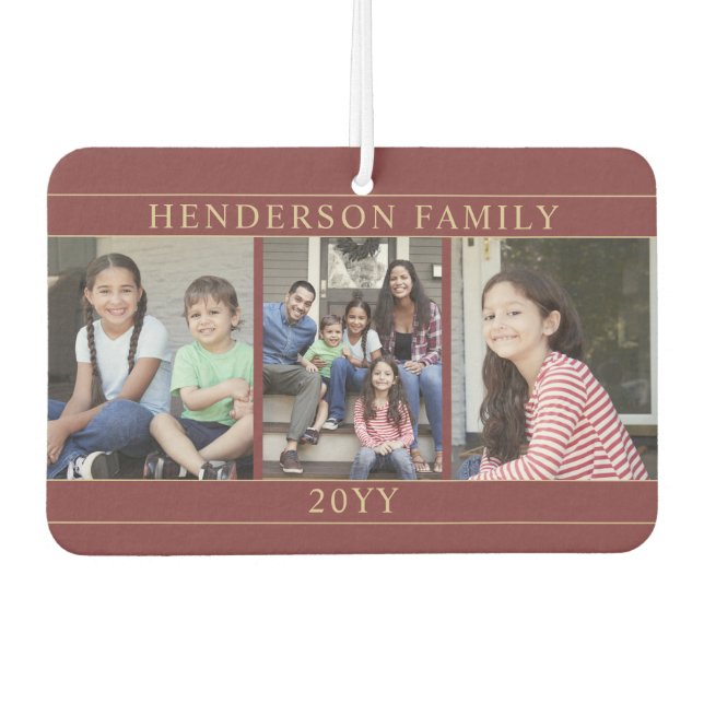 4 Photo Collage Family Name Burgundy and Gold Air Freshener (Front)