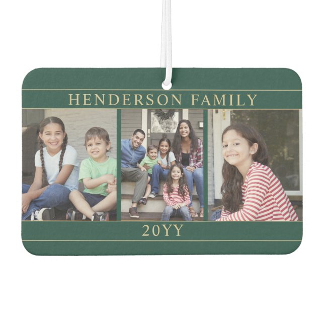 4 Photo Collage Family Name Green and Gold Heart Air Freshener (Front)