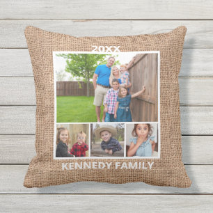 4 Photo Collage Family Name Rustic Burlap Outdoor Pillow