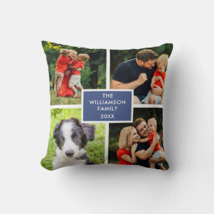 4 Photo Collage Family Name Throw Pillow