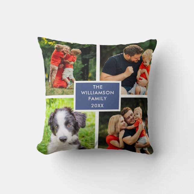 4 Photo Collage Family Name Throw Pillow (Front)