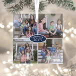 4 Photo Collage Family Name & Year Navy Blue White Glass Ornament<br><div class="desc">Celebrate the simple joys of the holidays with a custom 4 photo collage navy blue and white square glass ornament. All text and pictures on this template are simple to personalize. (IMAGE PLACEMENT TIP: An easy way to center a photo exactly how you want is to crop it before uploading...</div>