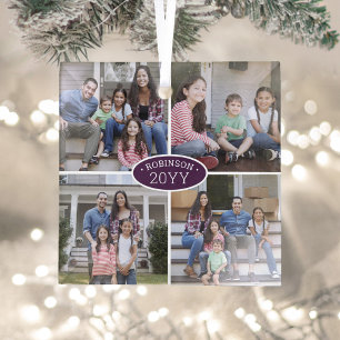 4 Photo Collage Family Name & Year Purple & White Glass Ornament