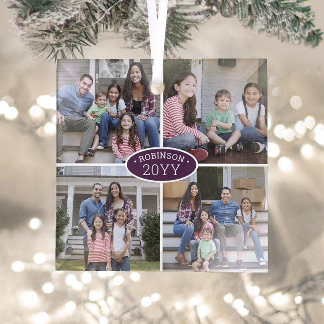 4 Photo Collage Family Name & Year Purple & White Glass Ornament (Creator Uploaded)